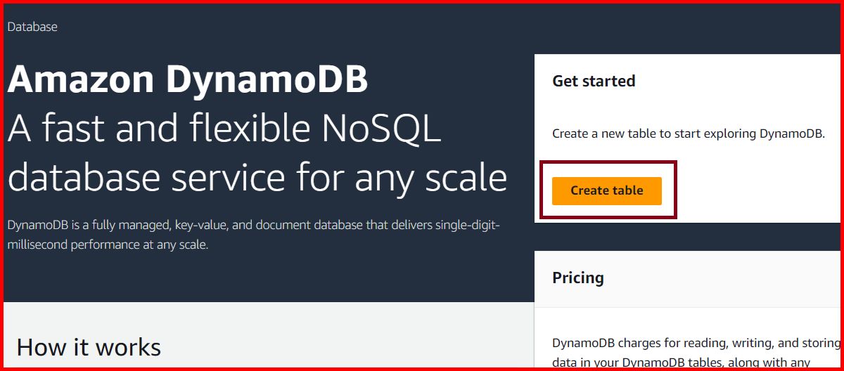 Picture showing the create table button for creating the new table